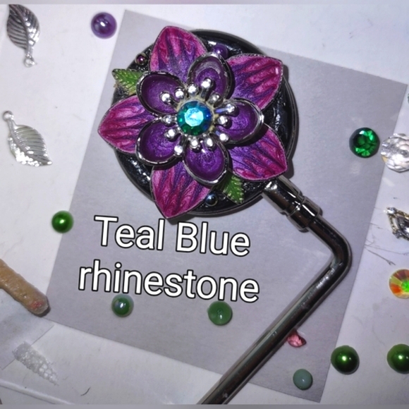 Purse Hook Handbag Holder Crystal Flower Design Choice of Center Stone - Picture 3 of 16